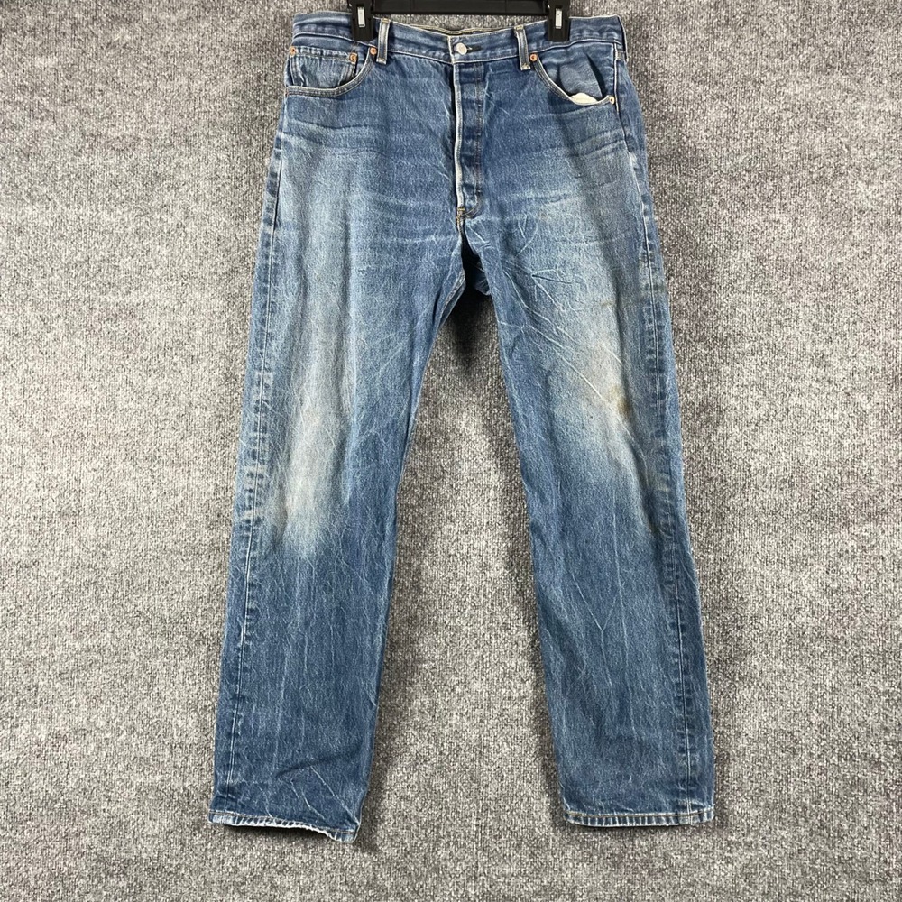 Levis 501 Jeans Mens 38x36 Fits 37x33 Blue Straight Leg Button Fly Faded Denim